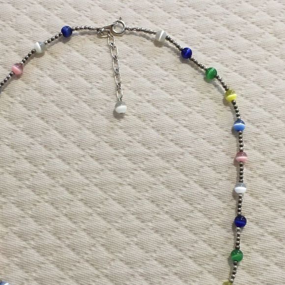 VTG Sterling Silver Multicolor Cats Eye Station Beaded Choker Necklace Extension - Picture 11 of 15